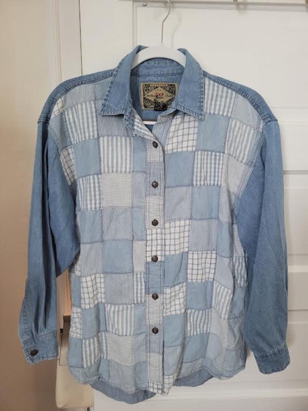 Vintage Y2K Men's Denim Mixed Pattern Patchwork Button Down Shirt